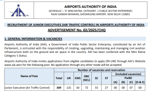 Recruitment of Junior Executives (Air Traffic Control) in Airports Authority of India
